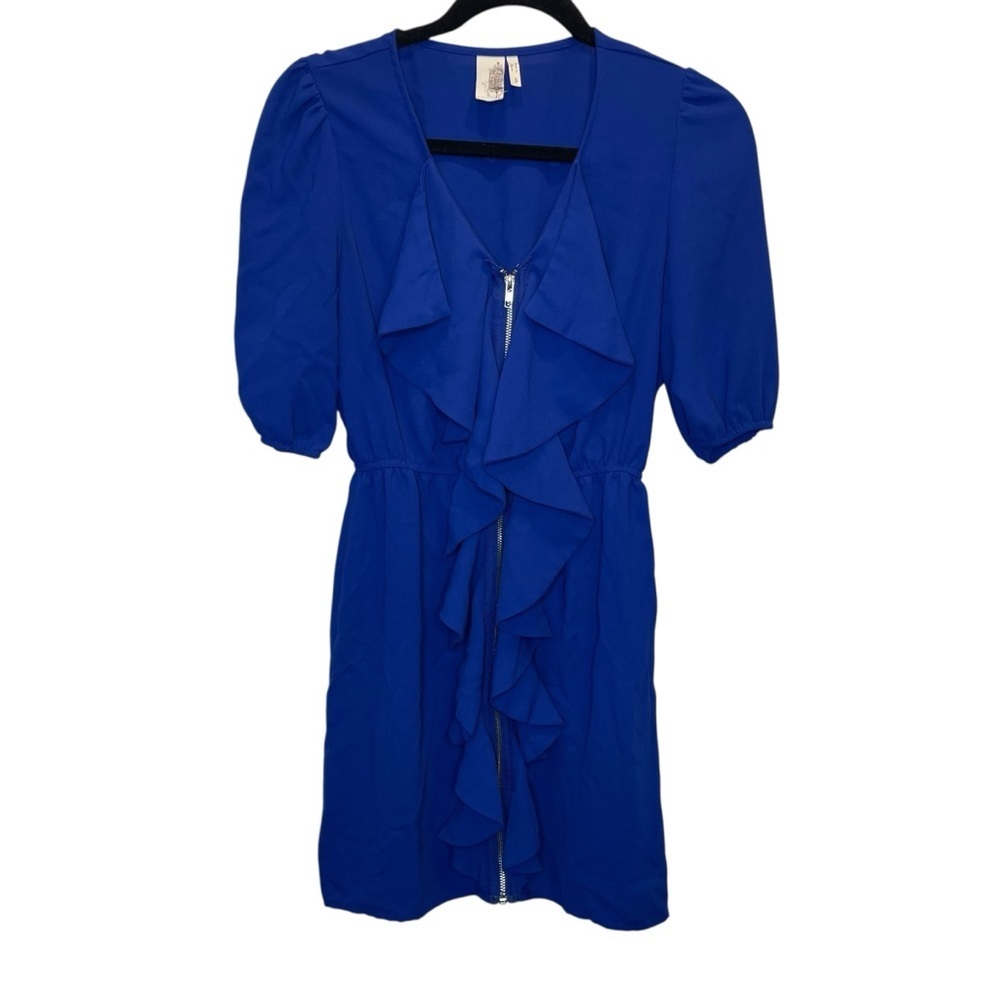Francesca’s Birdcage Blue Zip Front Ruffle Dress Size Small